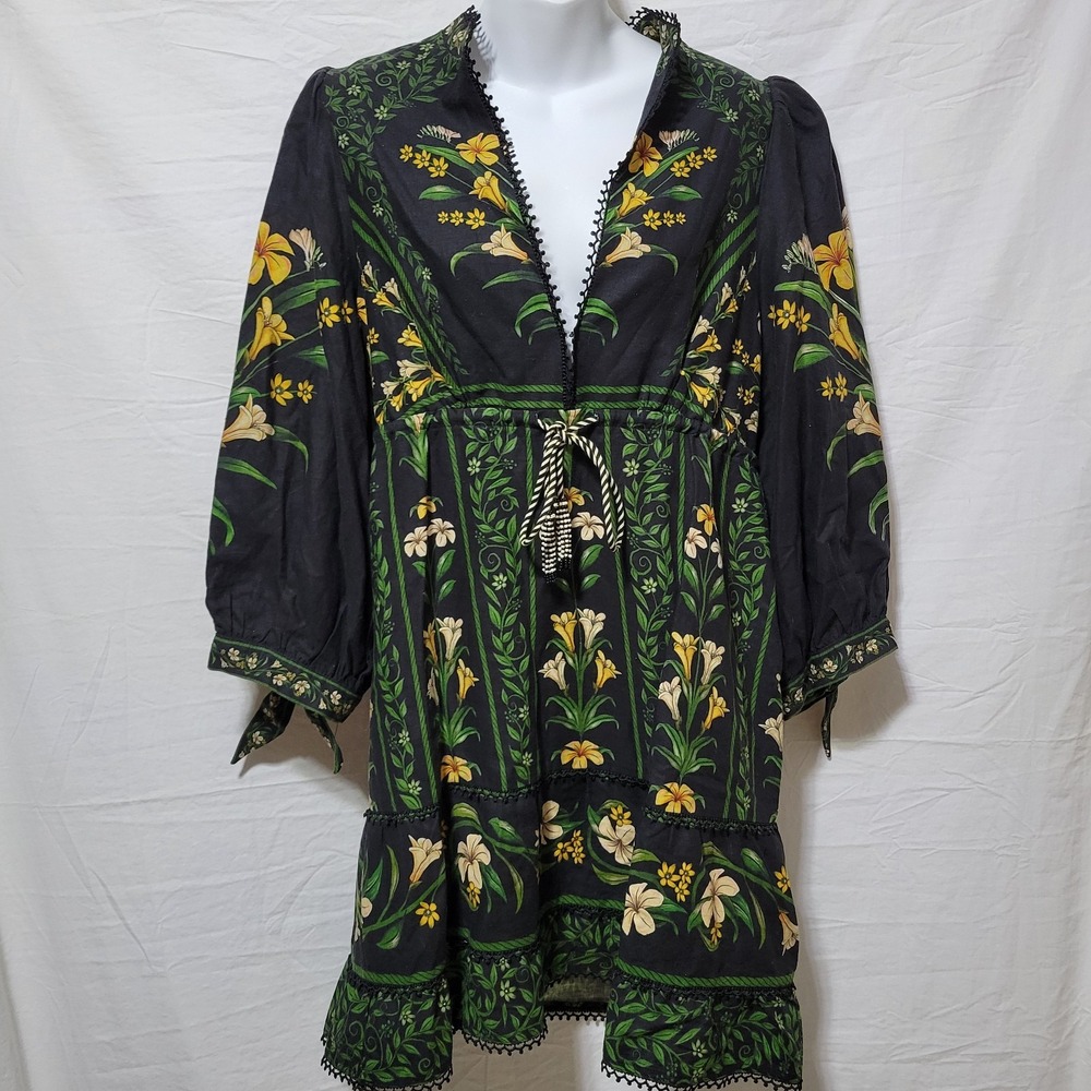 Farm Rio Floral Arch Black Linen Blend Mini Dress Size Medium Black Yellow